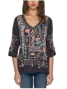 Johnny Was Women’s Sz S Gray Geometric Embroidered V-Neck Top Seeroon Blouse